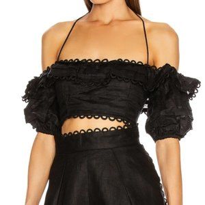 Zimmermann Black Linen Allia Pintuck Off Shoulder Top Size 0